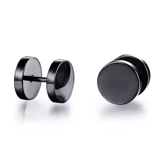 Pair Black Flat Round Barbell Plug Stud Earrings GYM MENS Stainless Steel 3-14MM