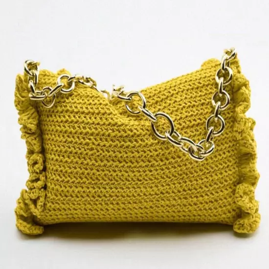 Zara light Mustard Cotton Ruffed Shoulder Bags