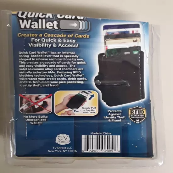 Quick Card Wallet Black Holds 12 Cards, RFID Blocking As Seen On TV Open Package