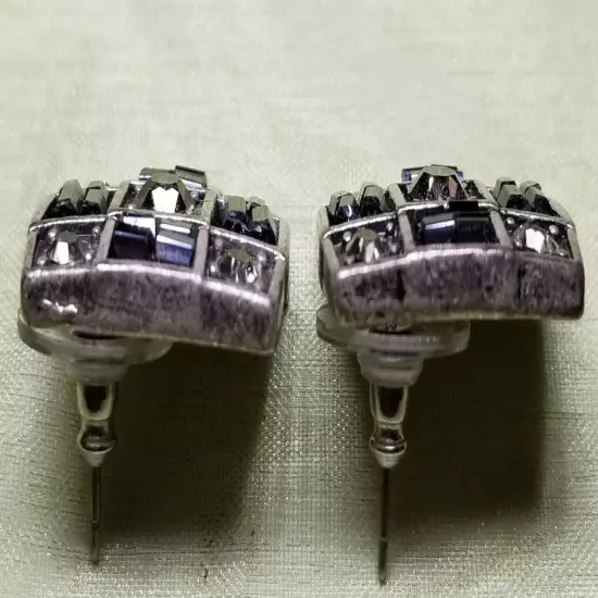 Lovely Square Crystal and Silvertone Checkerboard Pierced Earrings 