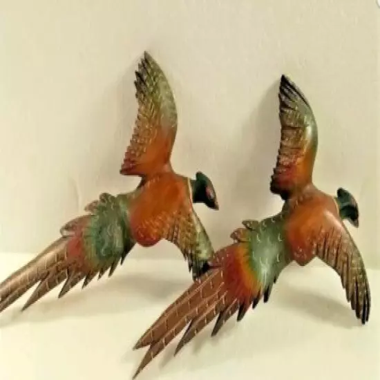 Pair VINTAGE Carved Pheasants Hand Painted Carved Cedar