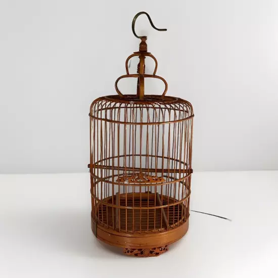 Vintage Bamboo & Teak Bird Cage 17" Curved Asian Chinoiserie Double Loop