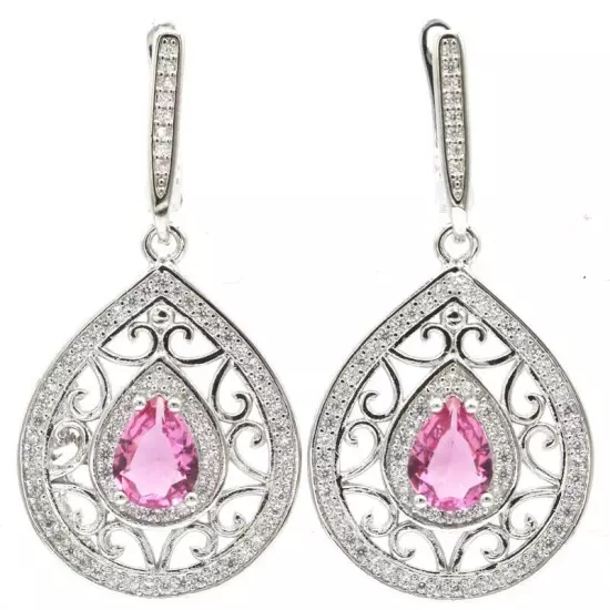 Charming Pink Tourmaline White CZ For Women Daily Wear Silver Earrings