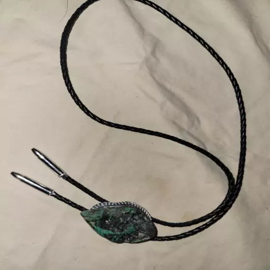  Vintage Natural Malachite and Azurite Ghostface Bolo Tie Silver Tone Tips 1970