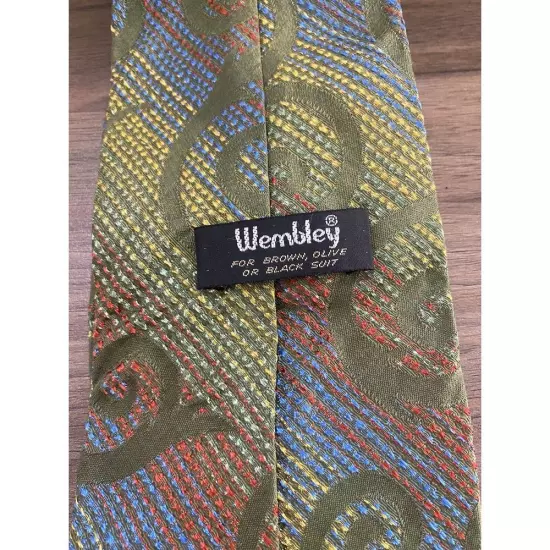 Wembley Platypus Necktie Olive Green Stitched Design Multicolored Background 57"