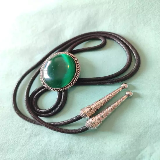 Signed HTL Healthy True Love Green Cats Eye Glass Bolo Tie