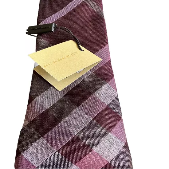 NWT Burberry London Burgundy & Gray Plaid Striped Italian Silk Men's Necktie