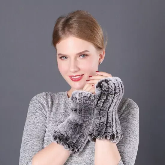 Women's Fluffy Real Rex Rabbit Fur Gloves Elastic Wrist Fingerless Winter Warm