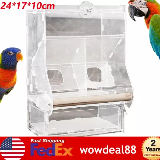 Clear Acrylic Bird Cage Feeder Double Hopper Wood Perches Automatic Feeder USA