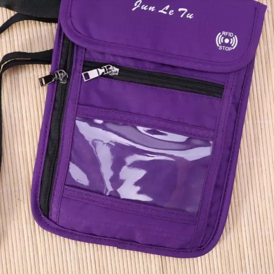 Travel Neck Pouch Waterproof Passport Holder with RFID Blocking Purple