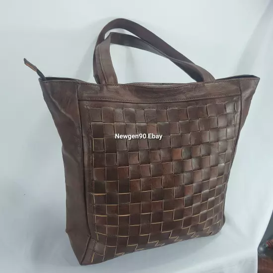 Genuine Goat Leather Bag Women's Handbag Brown checkered Shoulder Bag Tote Purse