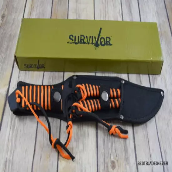 SURVIVOR FIXED BLADE HUNTING KNIFE & 2 THROWING KNIFE COMBO NYLON SHEATH 