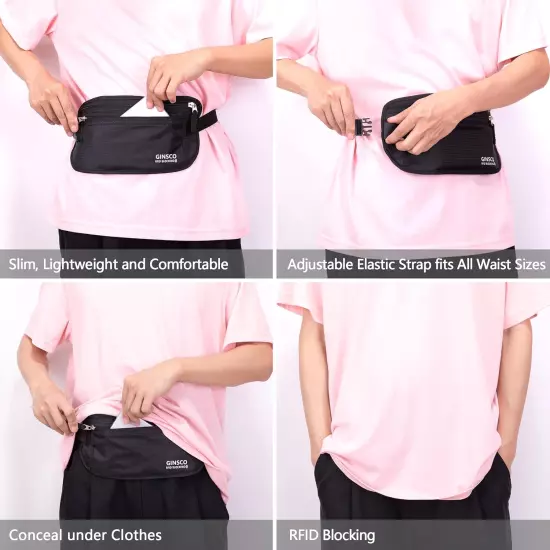 Black Hidden Money Belt For Travel Shopping RFID Blocking Passport Holder 11"