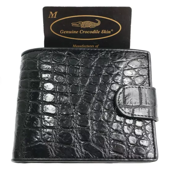 AUTHENTIC CROC SKIN MEN BIFOLD SNAP WALLET SHINY BLACK POCKET COIN SLOT SOFT NEW