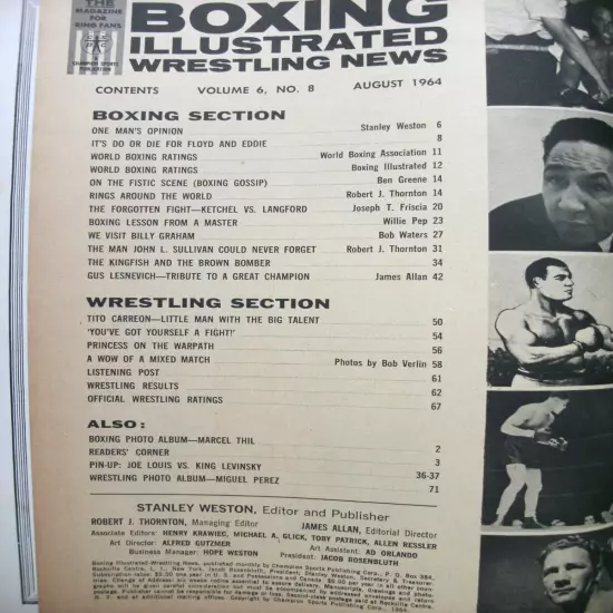 BOXING ILLUSTRATED/WRESTLING NEWS 8/64 WILLIE PEP! DANNY HODGE! LITTLE CLOUD!