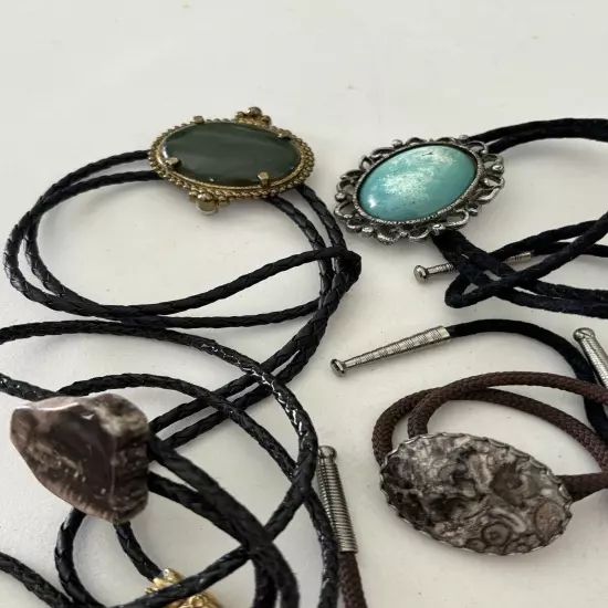 Vintage Lot of 4 Agate Stone Turquoise Petrified Wood BOLO Ties