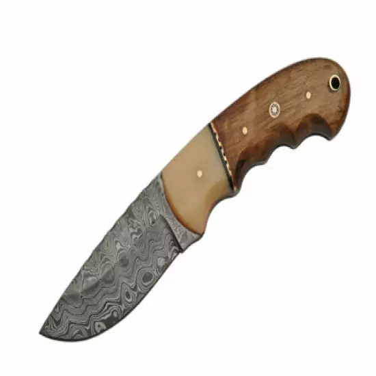 FIXED-BLADE HUNTING KNIFE | 8" Damascus Steel Blade Bone Walnut Handle Skinner