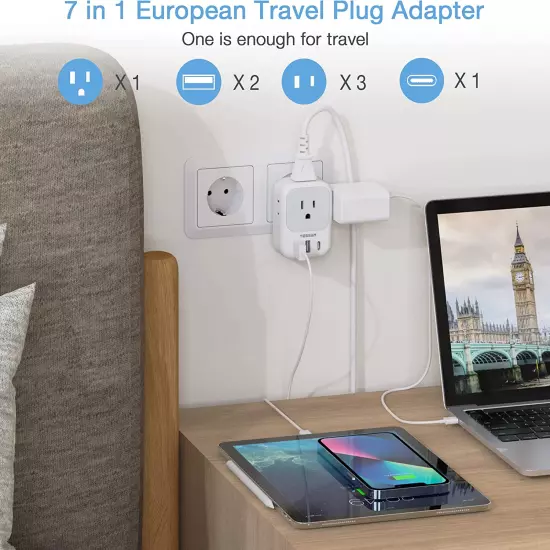 2 Pack European Travel Plug Adapter USB C, TESSAN US to Europe Plug Adapter with