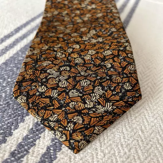 PINEDA COVALIN 100% Silk Necktie Luxury HTF Monarch Butterfly Orange Black