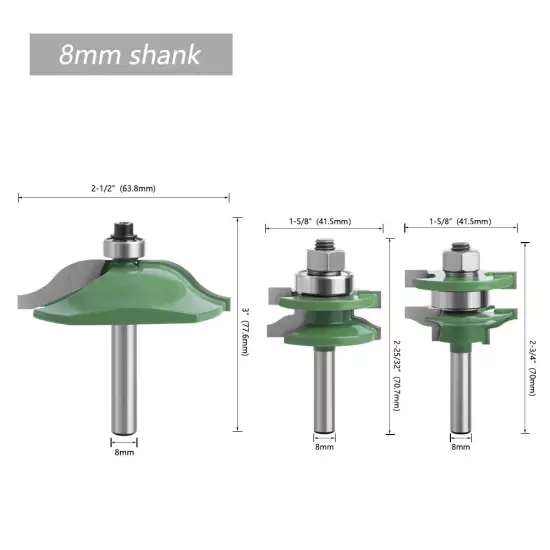 3PCS Set 8mm Shank Rail & Stile Joint Router Bits Tongue & Groove Cutter Large