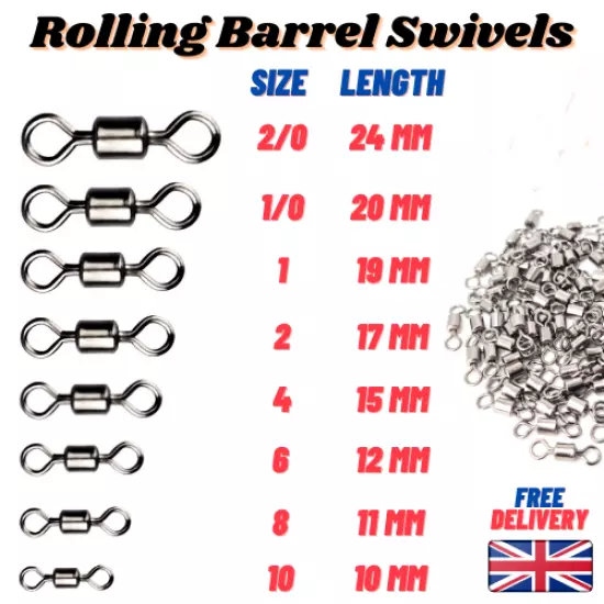 Rolling Barrel Swivels Sea Fishing Size 2/0 1/0 1 2 3 4 6 8 Sea Coarse Carp Pike