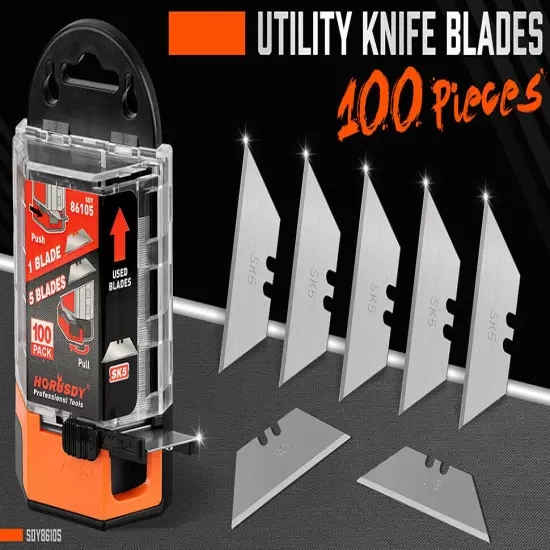 100 PCS Utility Knife Blades General Purpose Heavy-Duty with Dispenser SK5