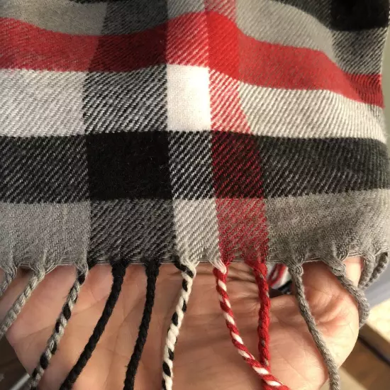 Scottish 100% Cashmere Gray, Red and White Plaid Scarf with Fringe