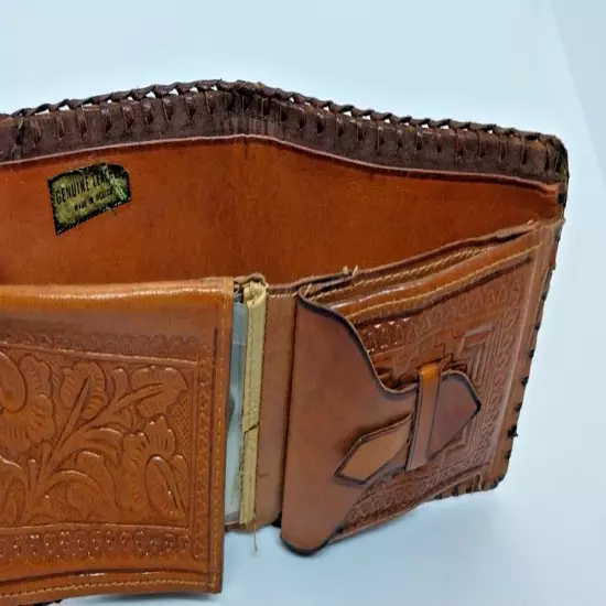 Vintage Bi Fold Wallet Made in Mexico Brown Genuine Leather 1970s Horse Pistol