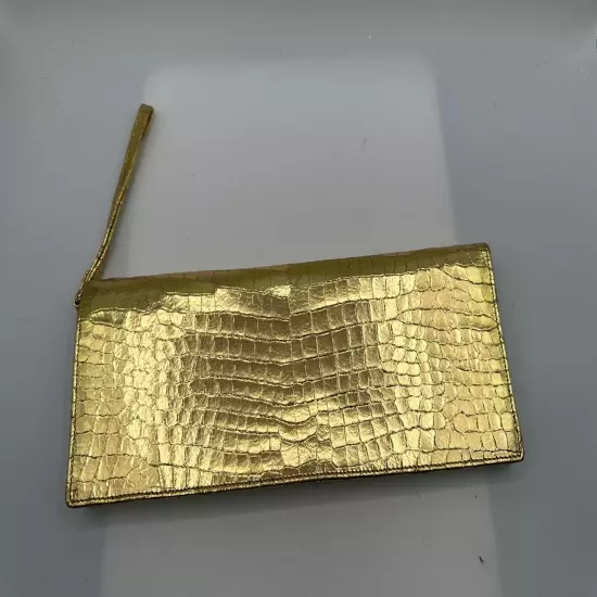 Lodis Gold Metallic Crocs Embossed Leather Long Clutch Purse