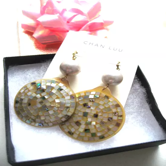 Chan Luu Earrings Pearl Abalone Shell Inlay Mosaic Style Gold NWT $215 Moderrn