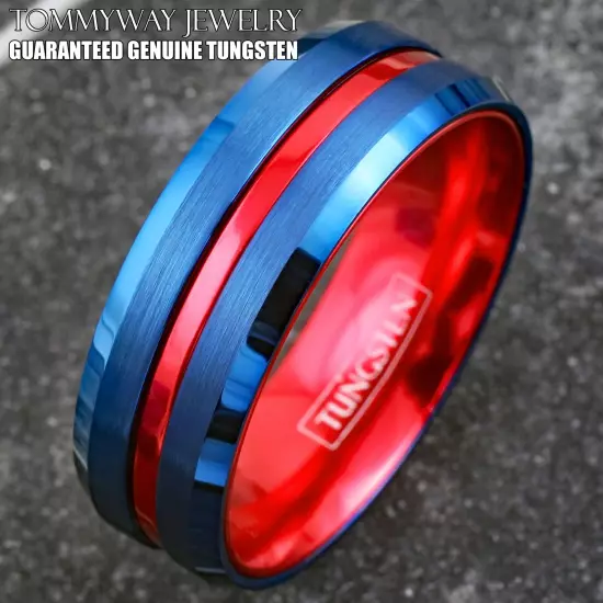 Blue Tungsten Carbide Men's Thin Red Line Wedding Band Ring - Superhero Colors