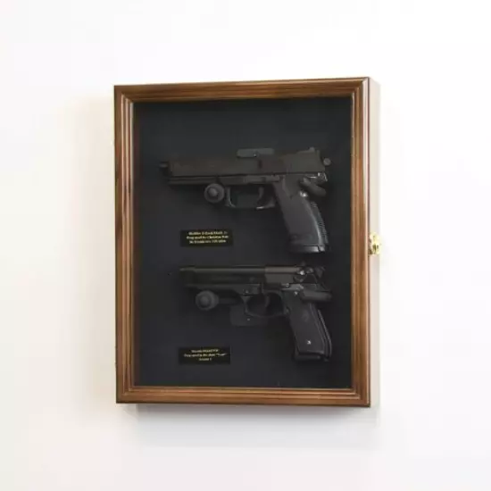 Gun Display Case 2 Guns Walnut LED Light Wood USA Handgun Pistol Revolver Lock 