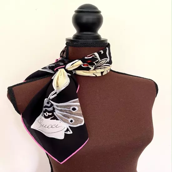 Gucci Scarf Accessories Logo Kris Knight Butterfly Black Floral Silk Wrap