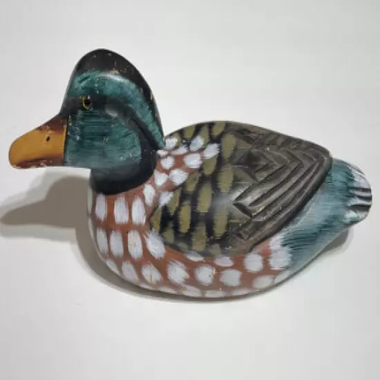 VTG Wooden Hand Carved Painted Duck Decoy Glass Eyes Sculpture