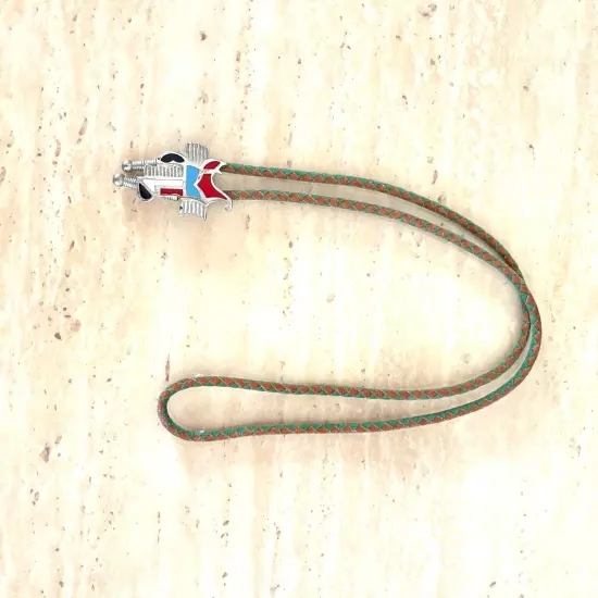 Silver Toned Saddle Bolo Tie with Red, Blue and Black Enamel Inlay