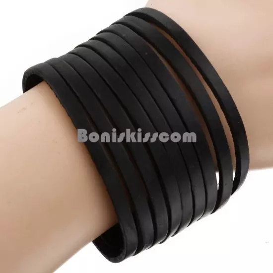 Mens Punk Rock Wide Black Leather Multi Layer Cuff Wristband Bracelet Adjustable