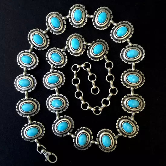 Women's Navajo Style Antique Silver & Turquoise Concho Belt S/M/L- MADE IN ITALY