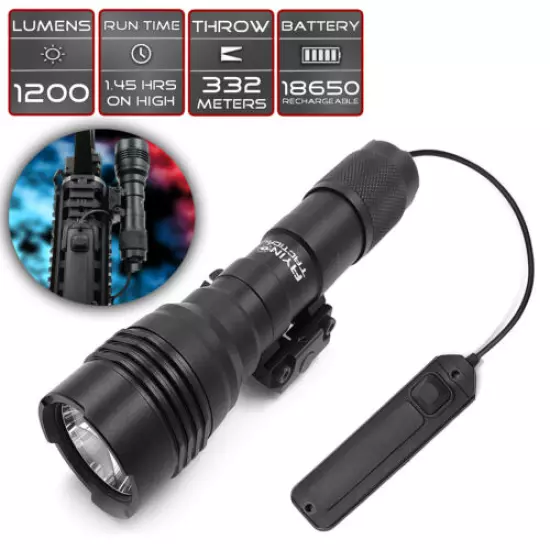 1200 Lumen Rechargeable LED Flashlight, Rail Mounted Rifle Gun Light - AYIN