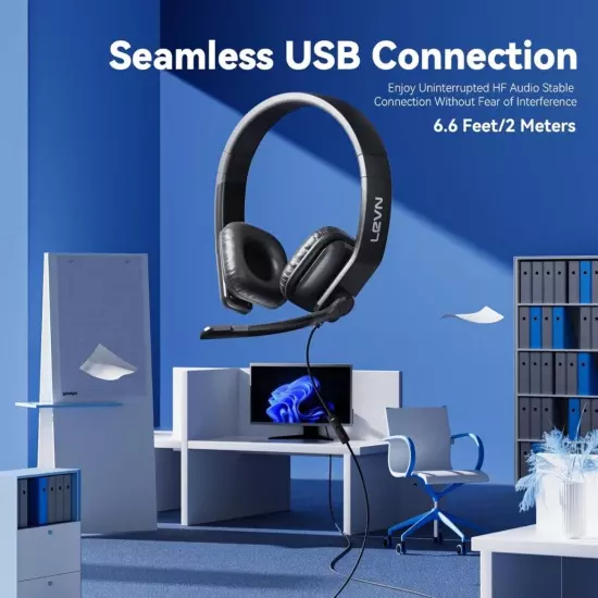 LEVN USBHeadset With Microphone Noise Cancelling In-line Controls & Mute UH001