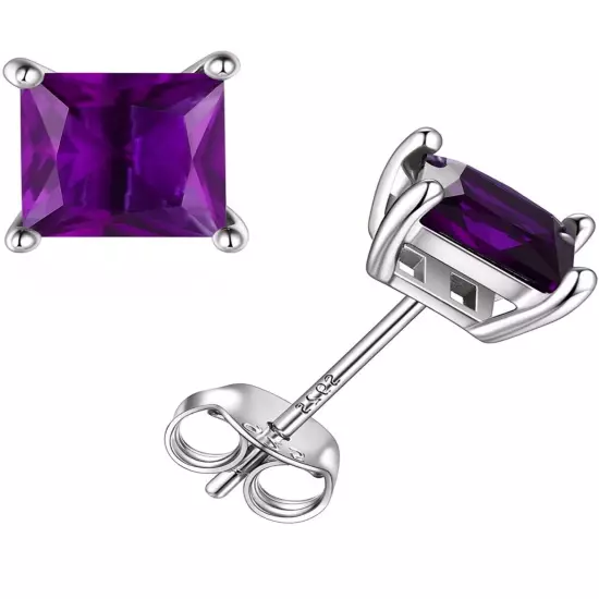 Solid 925 Sterling Silver Square Cut Purple Cubic Zirconia Silver Stud Earrings