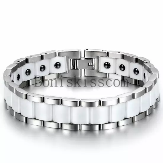 13mm Wide Men's Ceramic Link Stainless Steel Power Therapy Magnetic Bracelet