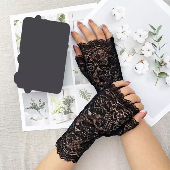 Women Short Lace Sheer Gloves Gothic Fancy Dress Party Ladies Fingerless Mittens