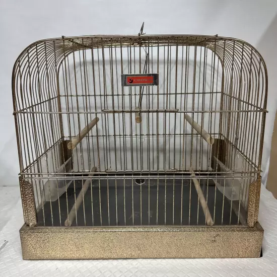 Vintage Crown Mid Century Art Deco Gold Chrome Bird Cage Peafowl Seed Catcher