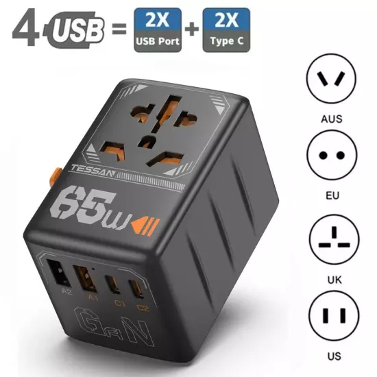 100W GaN Universal Travel Adapter with USB &Type C Fast Charging Adapter