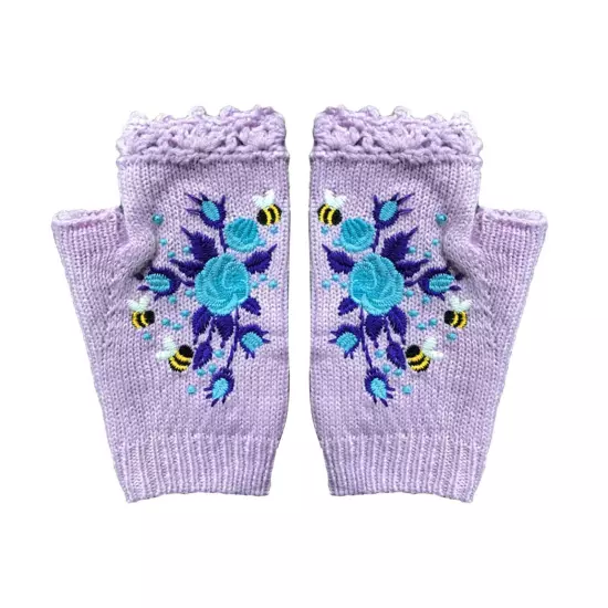 Women Handmade Embroidery Gloves Knit Gloves Flower Gloves Hand Knit Fingerless