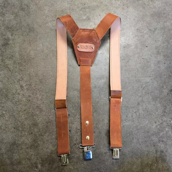 NCR Brown Full Leather Heavy Duty Metal Clip On Branded Suspenders Adult OSFA