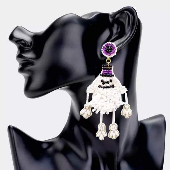 White Felt Back Seed Beaded Witch Hat Ghost Dangle Earrings