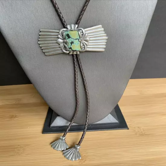 Vintage Turquoise Signed Clara 1982 Native American Bolo Tie Pewter Western Wear