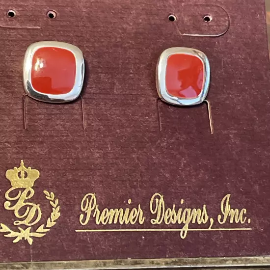 Premier Designs Silver Tone & Red Enamel Square Retired Stud Earrings ~1/2"