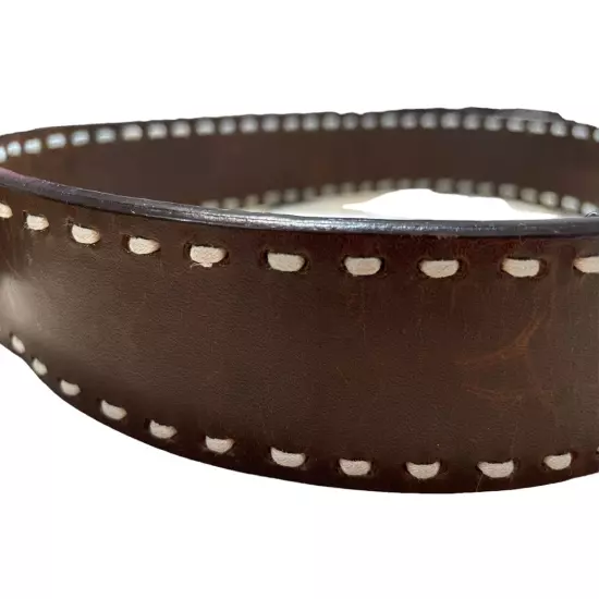 Brown Leather Belt Men’s Sz Medium 1.5 in Wide Western White Stitching Detail 